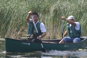 Two guys enjoy paddling their canoe by the marsh.