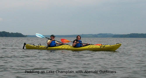 Paddling on Lake Champlain in a Current Design tandem sea kayak.
